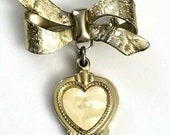 Vintage MFG Gold Bow Dangle Heart Brooch Etched Cross Mother of Pearl Heart Charm Flower Love Religious Pin Romans 8 28 Christmas Jewelry