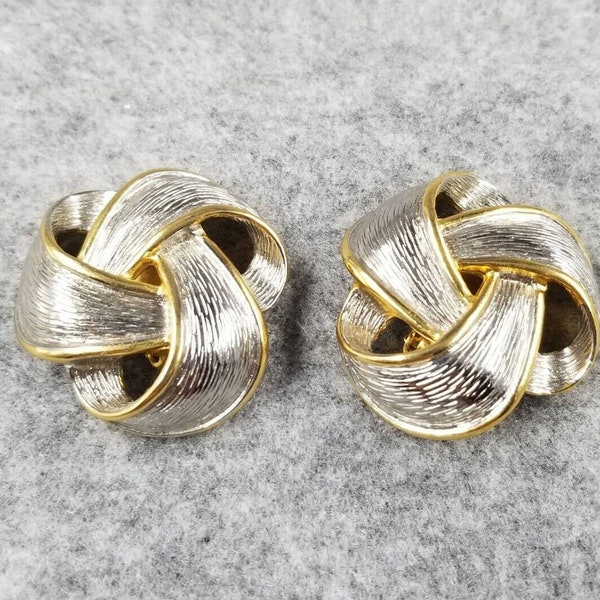 Les Bernard Vc Vanity Gold Silver Tone Ribbon Knot Clip On Earrings Modernist Vintage Jewelry