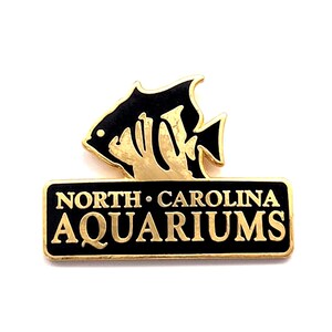 May include: A gold-coloured pin featuring a black fish design atop a black rectangular base. The base reads "NORTH CAROLINA AQUARIUMS" in gold lettering. The pin is likely a souvenir or collectible item.