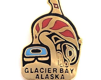 Glacier Bay Alaska Native American Art Orca Whale Ivory Jacks 1989 Souvenir Pin