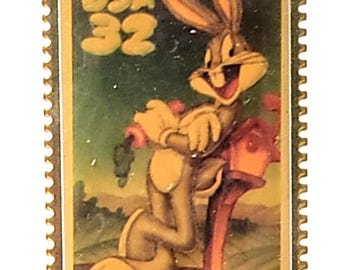 Pin de sello postal de Bugs Bunny de Looney Tunes, conejo de dibujos animados vintage