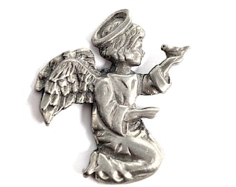 Broche de ángel querubín firmado, de peltre tono plateado, religioso, vintage