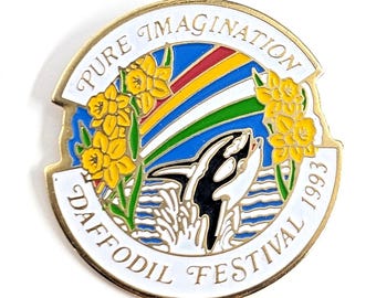 Pin del Festival del Narciso de Washington 1993 Orca Rainbow Flower Vintage