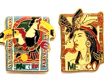Lote de pines de viaje vintage de arte popular indígena mexicano con el pájaro tucán (Tucán)