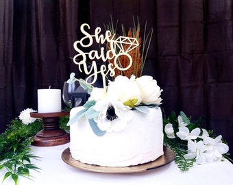 She Said Yes Cake Topper Gold | Wooden Wedding Cake Topper Ideas | Wedding Shower | Bridal Shower Decor