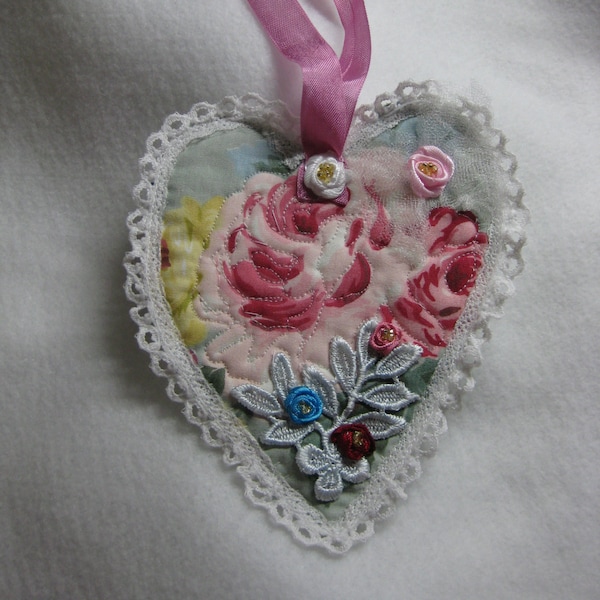 NEW 1 Flat Tattered Fabric Heart, Mint Green/White/Pink decoration, Specialty Shabby Chic mixed media Embellished Sachets, Add your own oils