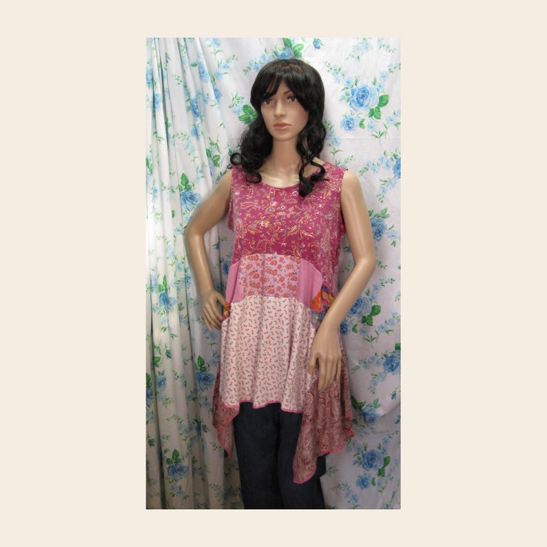 Pink Cotton Knit Tunic Junk Gypsy Style Altered Couture Top Q2370 Up-cycled Eco Friendly Shabby Chic Country Bohemian up to 40 Bust L
