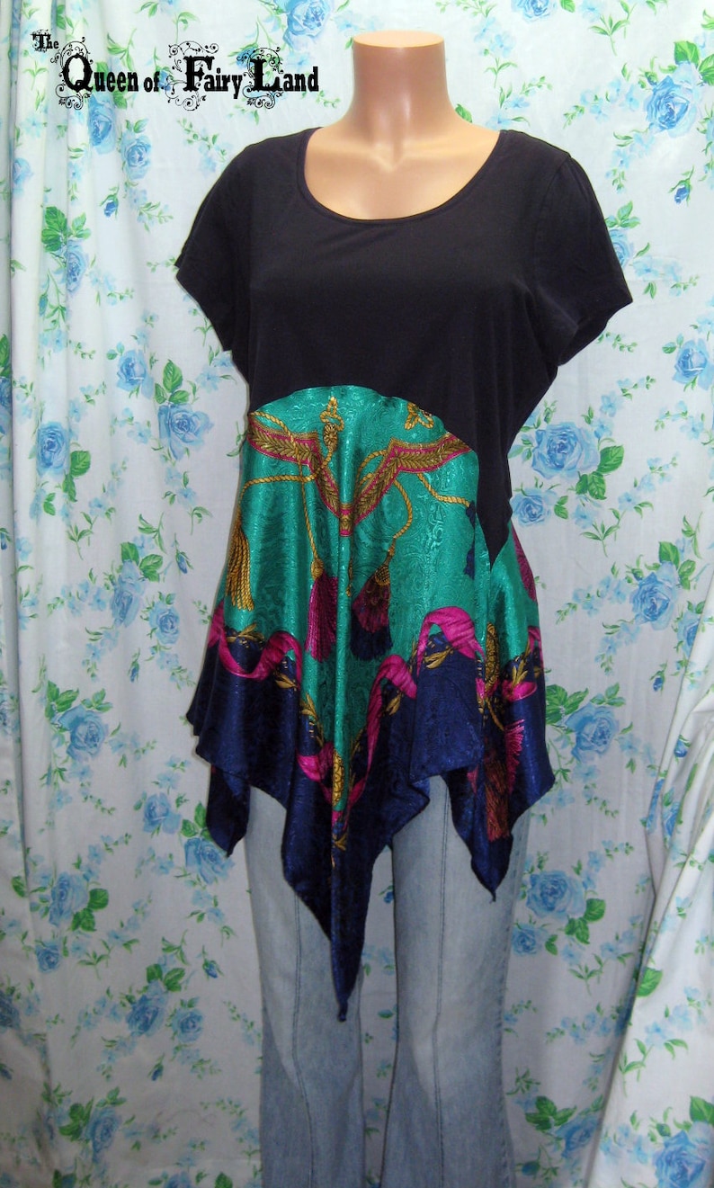 Eclectic Tunic Upcycled up to 42 Bust,XL Dark Navy Tunic with Liz Claiborne Scarf skirt Q2364 Junk Gypsy Style Altered Couture Tunic
