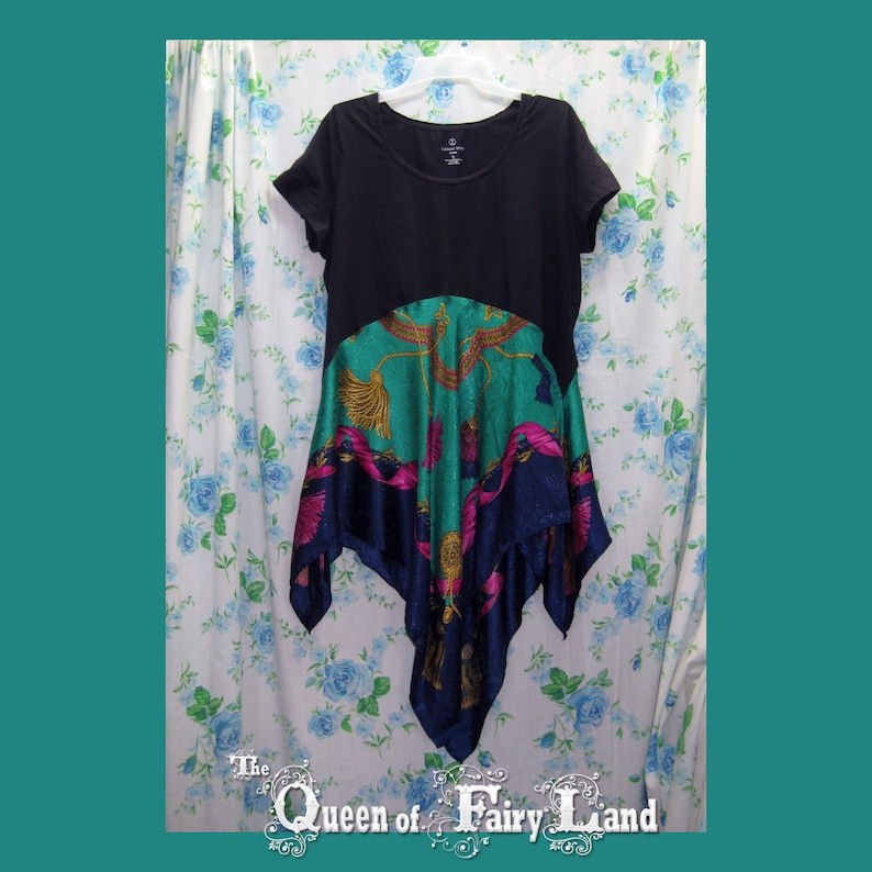 Eclectic Tunic Upcycled up to 42 Bust,XL Dark Navy Tunic with Liz Claiborne Scarf skirt Q2364 Junk Gypsy Style Altered Couture Tunic