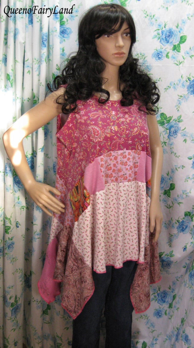 Pink Cotton Knit Tunic Junk Gypsy Style Altered Couture Top Q2370 Up-cycled Eco Friendly Shabby Chic Country Bohemian up to 40 Bust L