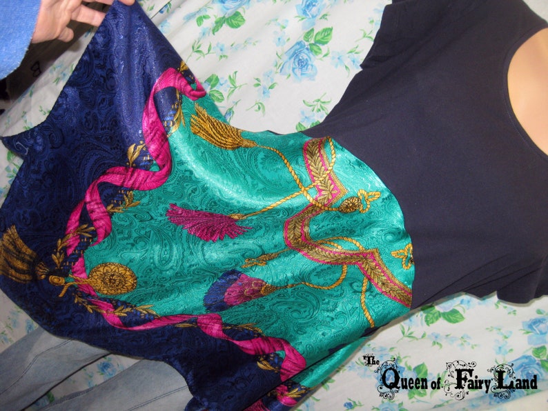 Eclectic Tunic Upcycled up to 42 Bust,XL Dark Navy Tunic with Liz Claiborne Scarf skirt Q2364 Junk Gypsy Style Altered Couture Tunic