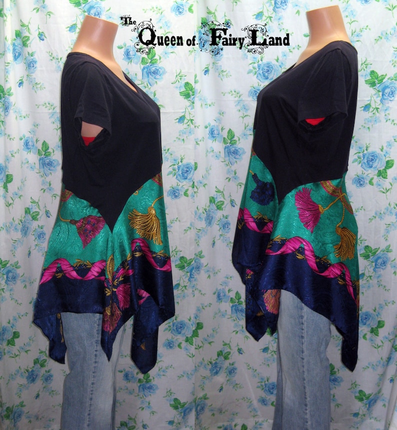 Eclectic Tunic Upcycled up to 42 Bust,XL Dark Navy Tunic with Liz Claiborne Scarf skirt Q2364 Junk Gypsy Style Altered Couture Tunic