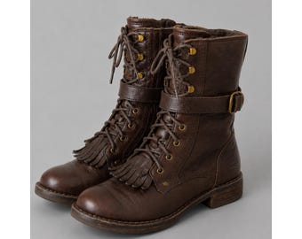 UGG Womens 8.5 Military Kiltie Fringe Combat Boots Brown Leather Moto Biker Boho
