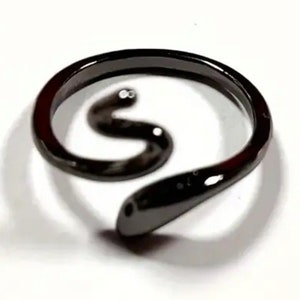 May include: A dark gray ring in the shape of a snake. The ring wraps around the finger with the snake's head and tail meeting. The ring is made of a shiny, smooth metal.
