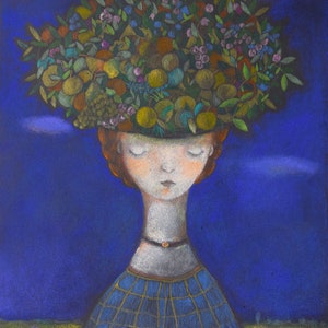 Dibujo al pastel sobre cartulina negra Dibujo original personaje inventado Fantasía de Ulla Dartin