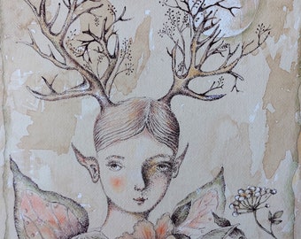 Ragazza elfo dell'arte della foresta che disegna design originale fatto a mano