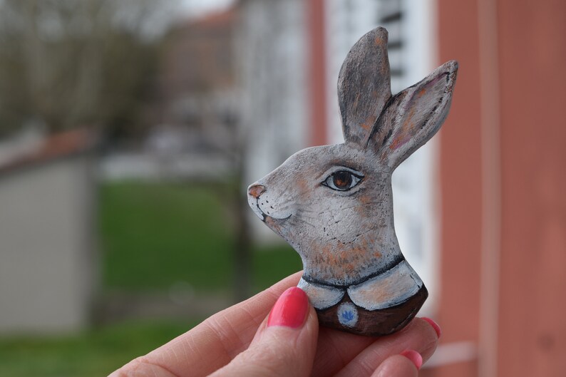 Pin rabbit white wonderland bunny funny animal decor accessories rabbit art pin paper clay on of a kind