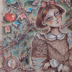May include: A girl with brown hair and a red bow stands in front of a decorated Christmas tree. The tree is adorned with blue and red ornaments, a string of beads, and colorful paper flags. The girl is wearing a plaid dress and has a thoughtful expression on her face.