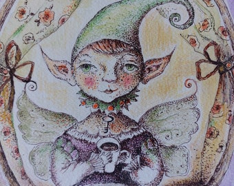 Elfland art, drawing handmade on paper of cotton