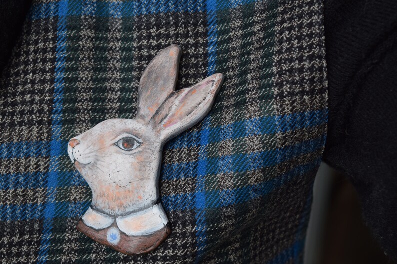 Pin rabbit white wonderland bunny funny animal decor accessories rabbit art pin paper clay on of a kind