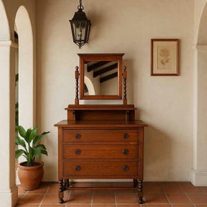 Antique Tiger Oak Dresser with Mirror: Barley Twist Vanity, Early 1900s
