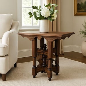 Antique Carved Wood Side Table | Ornate Eastlake Style Pedestal Base | Antique Accent Table | 30&quot; W x 24.5&quot; H