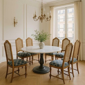 Antique Oak Dining Chairs: Set of 6, Cane Backs, Plaid Seats