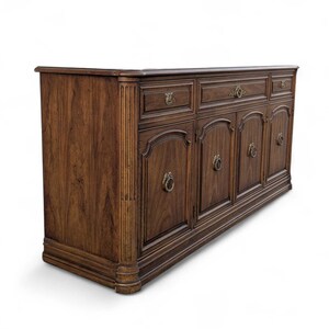 Henredon 1970s Credenza – Traditional Walnut Sideboard with Brass Pulls & Adjustable Shelving, 66” Vintage Cabinet