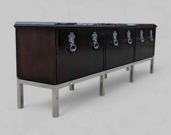 Vintage Credenza, Tommi Parzinger, Hollywood Regency, Chrome, Wood, Sideboard, Buffet, Console, Art Deco, Mid Century