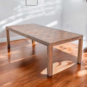Vintage Dining Table, Mid Century, Checkered Veneer, Rectangular Wood Table with Leaf, Seats 6 to 8 Dining Room