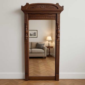 Antique Carved Wood Wall Mirror: Ornate Victorian Entryway Decor (52&quot; H x 25.5&quot; W )