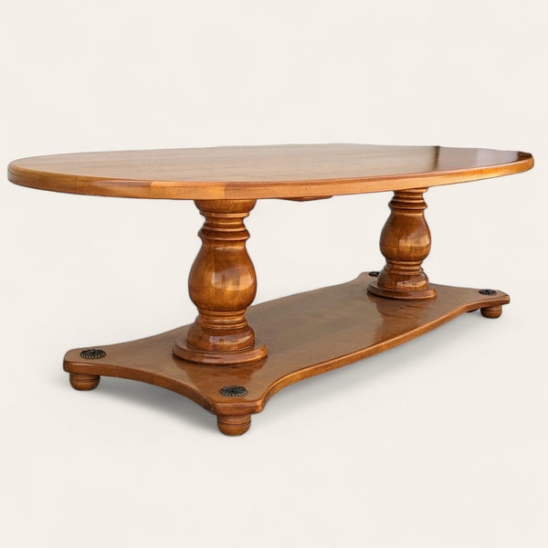 Solid Maple Wood Coffee Table, Surfboard Top, Antique, Regency, New Deco, Traditional, Ethan Allen Style