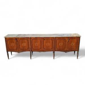 Antique French Buffet, Sideboard, Marble Top, Inlaid Wood, Turned legs, Mahogany, Louis XVI, Marquetry