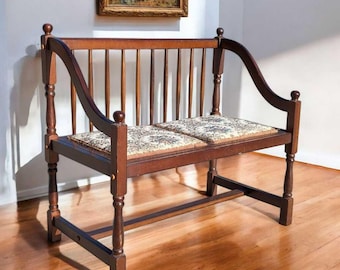 Vintage Spindle Back Settee: Floral Upholstered Entryway Bench