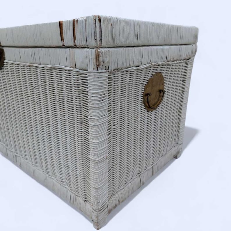 Vintage White Wicker Trunk – Coastal Boho Storage Chest, 35.5" Wide image 13