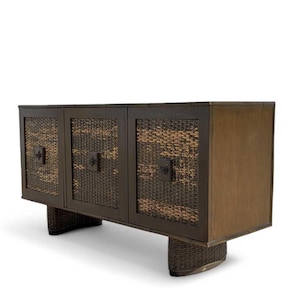Unique Vintage Buffet, Mid-Century Modern Rattan & Bamboo Credenza – 1960s Wood Woven Sideboard, Boho Storage Console