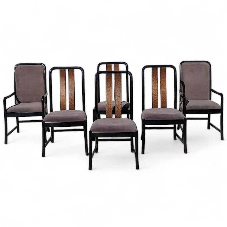 Six Postmodern Dining Chairs by Bernhardt, Black Lacquer, Birdseye Maple, Wood, Dining Room afbeelding 3