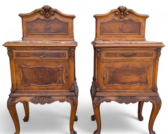 Antique French Louis XV Nightstands: Marble Top, Burl Panels, Carved Legs