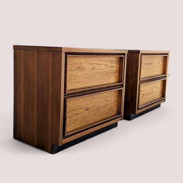 Bassett Brentwood Collection Vintage Wooden Nightstands with Drawers, Mid Century, Oak, End Tables, MCM, Retro, Bedroom