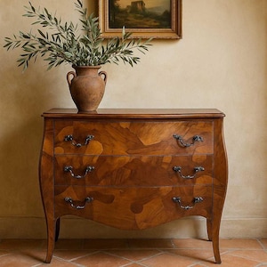 Vintage Italian Olive Burl Bombe Chest: 3-Drawer Commode with Inlay