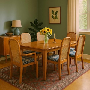 Postmodern Cane Back Dining Chairs: Set of 6, Blue Plaid