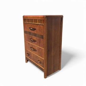 Vintage Art Deco Tallboy Dresser: 1940s Birds Eye Maple 5-Drawer Chest