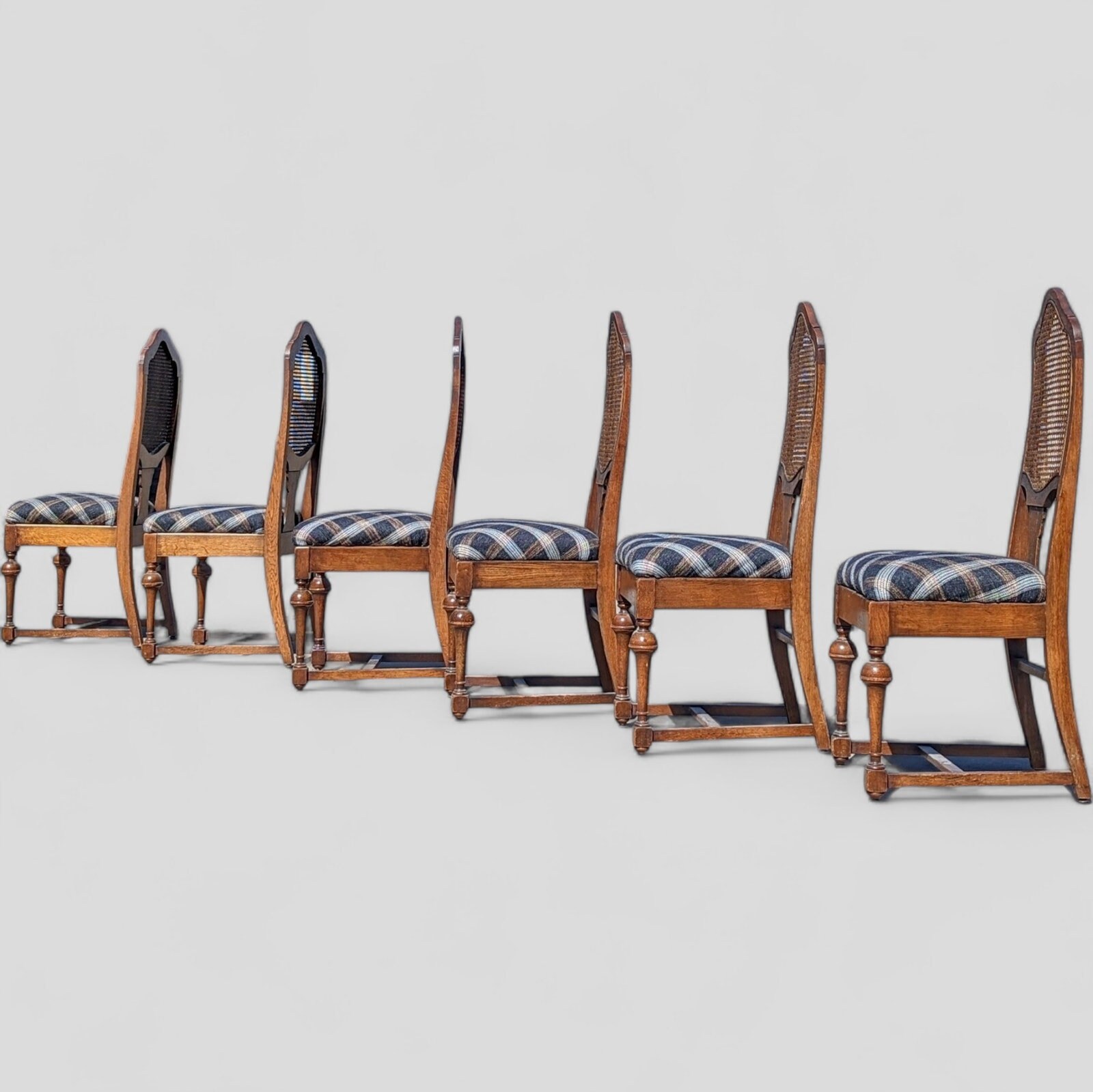 Antique Oak Dining Chairs, Set of 6, Cane Backs, Plaid Upholstered ...