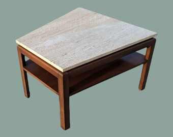 Side Table, Vintage Mid Century, Travertine Top, Walnut, MCM, Accent Table, Living Room, Unique