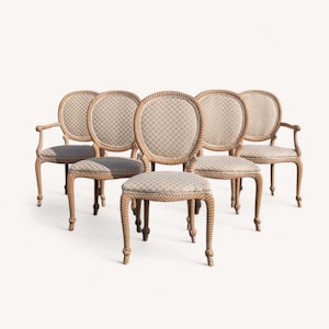 Set of 6 Casa Stradivari Balloon Back Dining Chairs – Carved Beech Wood, Vintage Cream Upholstery, Cerused Finish, Postmodern, 80s