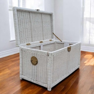 Vintage White Wicker Trunk – Coastal Boho Storage Chest, 35.5" Wide image 1