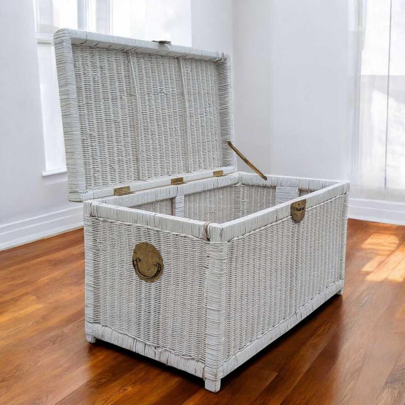 Vintage White Wicker Trunk – Coastal Boho Storage Chest, 35.5" Wide image 1