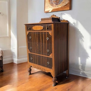 Antique Art Deco Highboy Dresser: Burled Wood & Mahogany Chest