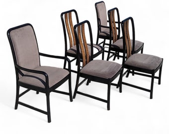 Six Postmodern Dining Chairs by Bernhardt, Black Lacquer, Birdseye Maple, Wood, Dining Room