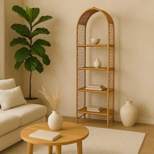 Vintage Arched Rattan Shelf – Tall Boho Etagere, 78&quot; High Woven Bookshelf, Coastal Organic Decor, Wicker Style, 5 Tier